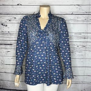 Suzanne Betro Size 1X Blue Floral Print V-Neckline Knit Top Shirt